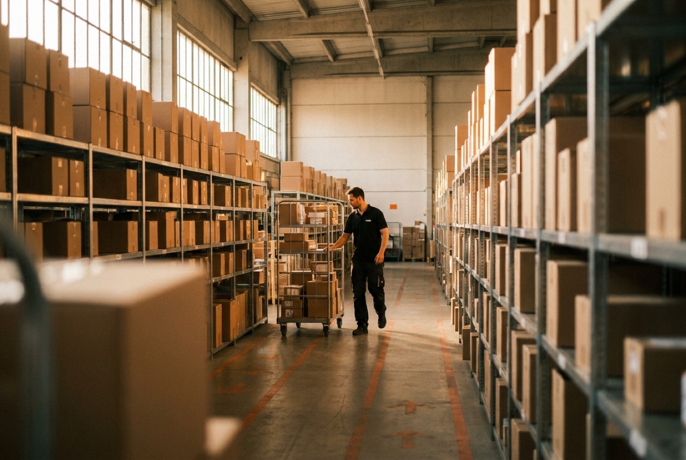 Parcels on shelving inside a Delivered.ma fulfillment warehouse